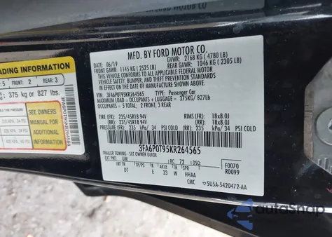 2019 Ford Fusion Se from USA, damaged, VIN 3FA6P0T95KR264565